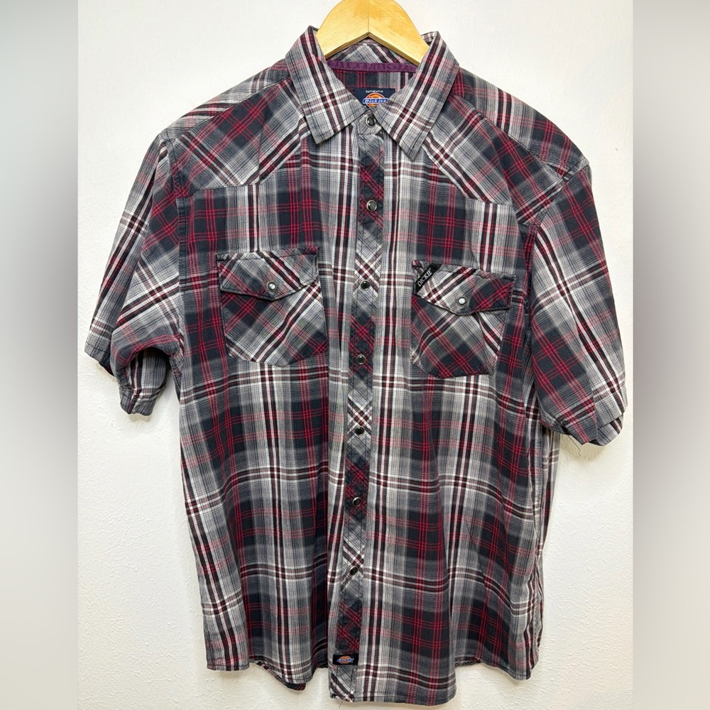 Dickies Men Plaid Button Down Shirt Large Pearl Snap Western Shirt Short Sleeve